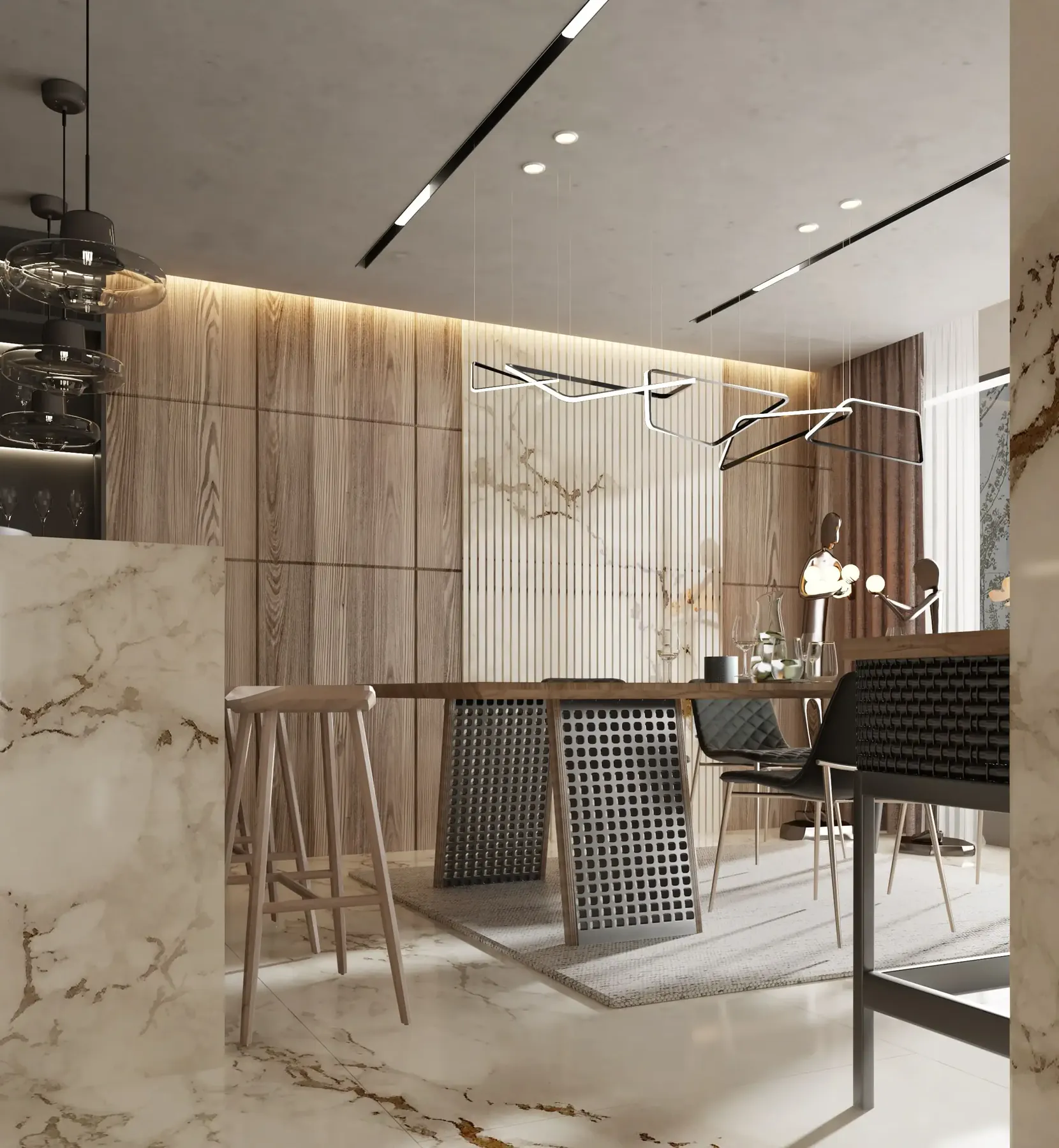 3D-Rendering eines Wohnbereichs mit Holzvertäfelung und Marmorboden