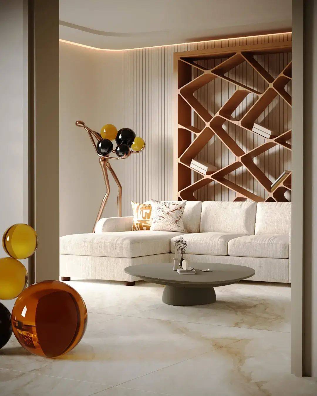 3D-Rendering eines zeitgenössischen Wohnzimmers mit skulpturalem Holzregal