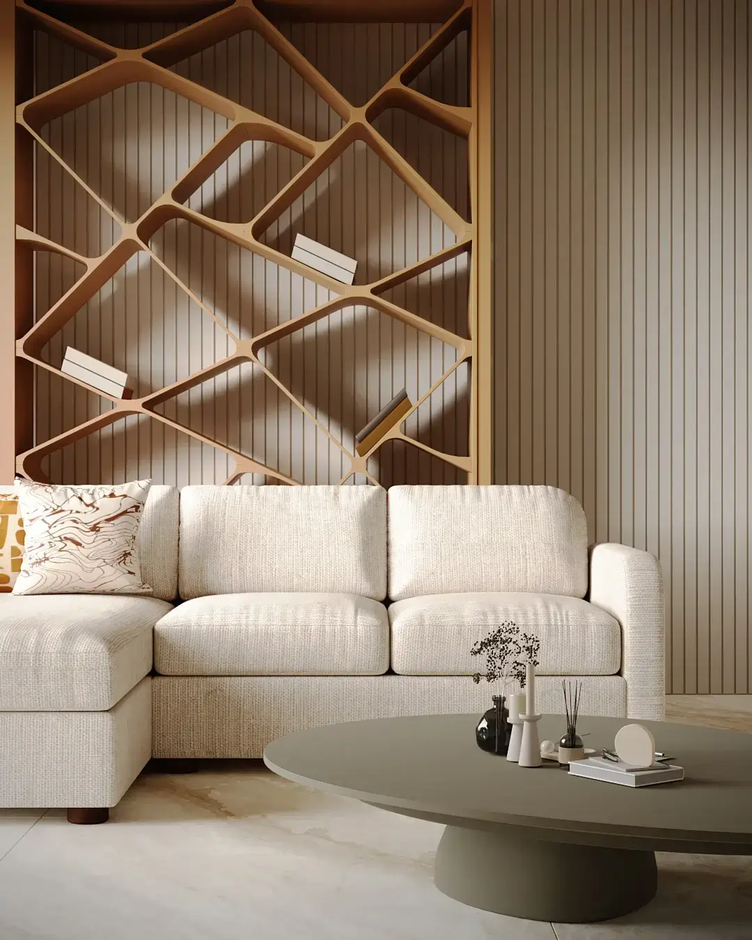 Render 3D de un salón: sofá rinconera crema, mesa baja redonda y estantería geométrica de madera
