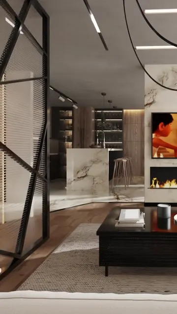 Kadr z animacji 3D: salon z kominkiem